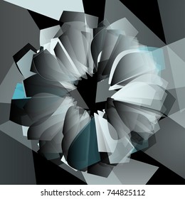 Abstract flower picture out of geometrical shapes. Black, white and blue colors.