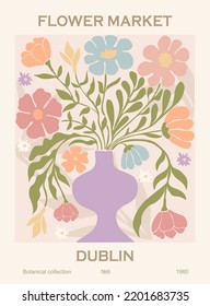 Abstract flower poster Dublin. Trendy botanical wall art with floral design in danish pastel colors. Modern naive groovy funky scandinavian interior decoration, painting. Vector art illustration.