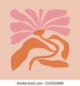 Abstract flower poster in groovy trippy funky style. Organic shapes aesthetic wall art in trendy pink pallete. Curvy psychedelic summer floral decoration.