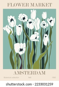 Abstract flower poster - Flower Market Amsterdam. Trendy botanical wall art with floral design in sage green colors. Modern naive groovy funky interior decoration, painting. Vector art illustration.
