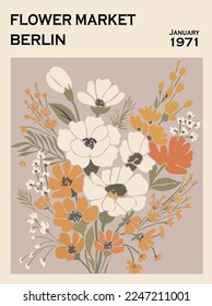 Abstract flower poster - Flower Market Berlin. Trendy botanical wall arts with floral design in danish pastel colors. Modern naive groovy funky interior decorations, paintings. Vector art illustration