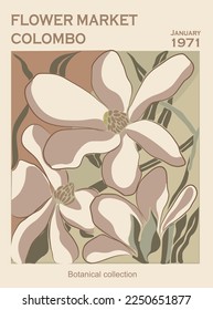 Abstract flower poster - Flower Market Colombo. Trendy botanical wall art with floral design in sage green colors. Modern naive groovy funky interior decoration, painting. Vector art illustration.