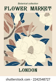 Abstract flower poster - Flower Market London. Trendy botanical wall art with floral design in danish pastel colors. Modern naive groovy funky interior decoration, painting. Vector art illustration.