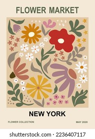 Abstract flower poster - Flower Market New York. Trendy botanical wall art with floral design in earth tone colors. Modern naive groovy funky interior decoration, painting. Vector art illustration.