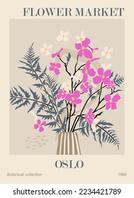 Abstract flower poster - Flower Market Oslo. Trendy botanical wall art with floral design in danish pastel colors. Modern naive groovy funky interior decoration, painting. Vector art illustration.