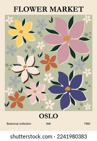 Abstract flower poster - Flower Market Oslo. Trendy botanical wall art with floral design in danish pastel colors. Modern naive groovy funky interior decoration, painting. Vector art illustration