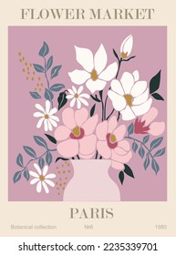 Abstract flower poster - Flower Market Paris. Trendy botanical wall art with floral design in danish pastel colors. Modern naive groovy funky interior decoration, painting. Vector art illustration.