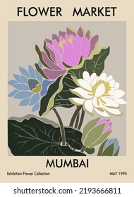 Abstract flower poster. Flower market print Mumbai. Trendy botanical wall art with floral design in danish pastel colors. Modern groovy funky interior decoration, painting. Vector art illustration. 