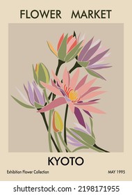 Abstract flower poster. Flower market print Kyoto. Trendy botanical wall art with floral design in danish pastel colors. Modern groovy funky interior decoration, painting. Vector art illustration.