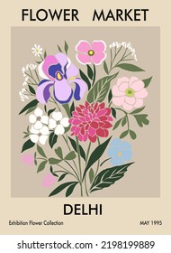 Afiche de la flor abstracta. Impresión de mercado de flores Delhi. Arte mural botánico de moda con diseño floral en tonos pastel. Decoración moderna y burguesa en el interior, pintura. Ilustración de arte vectorial.