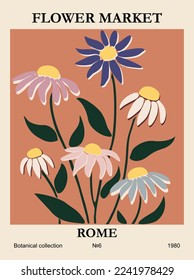 Abstract flower poster - Flower Market Rome. Trendy botanical wall art with floral design in danish pastel colors. Modern naive groovy funky interior decoration, painting. Vector art illustration