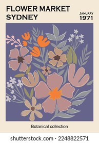 Abstract flower poster - Flower Market Sydney. Botanical wall art with floral design in trendy blue colors. Modern naive groovy funky interior decoration, painting. Vector art illustration.