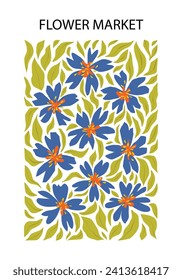 Abstract flower poster. Flower Market wall art with trendy design. Botanical, minimalist, modern naive flat hippie groovy funky interior decoration, painting. Vector illustration EPS 10