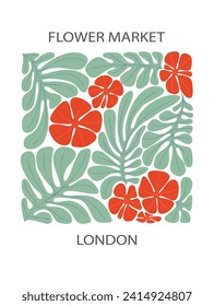 Abstract flower poster. Flower Market wall art with trendy design. Botanical, minimalist, modern naive flat hippie groovy funky interior decoration, painting. 
