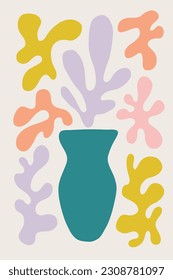 Abstract flower poster Matisse inspired. Trendy botanical wall art with floral cut out design. Modern groovy funky interior decorations. Vector art illustration. Danish pastel colors.