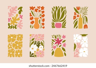 Abstract flower poster set. Trendy botanical wall art with wild floral plants, and leaves in hippie style. Modern naive groovy funky interior decorations, paintings. Colorful flat vector illustration