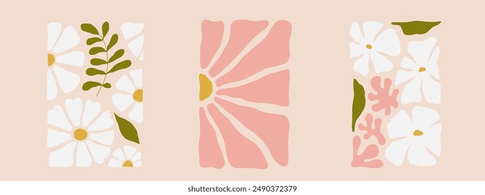 Abstract flower poster set. Trendy botanical wall art with wild floral plants, and leaves in hippie style. Modern naive groovy funky interior decorations, paintings. Colorful flat vector illustration