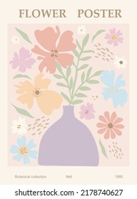 Abstract flower poster. Trendy botanical wall art with floral design in danish pastel colors. Modern naive groovy funky interior decoration, painting. Vector art illustration.