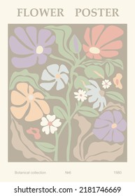 Abstract flower poster. Trendy botanical wall art with floral design in danish pastel colors. Modern naive groovy funky interior decoration, painting. Vector art illustration.