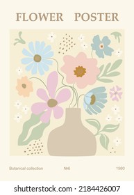 Abstract flower poster. Trendy botanical wall art with floral design in danish pastel colors. Modern naive groovy funky interior decorations, paintings. Vector art illustration. Flower market concept.