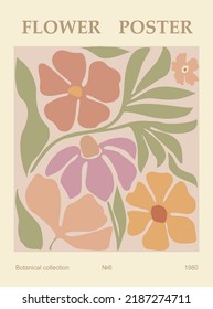 Abstract flower poster. Trendy botanical wall art with floral design in danish pastel colors. Modern naive groovy funky interior decorations, paintings. Cartoon flat vector art illustration.