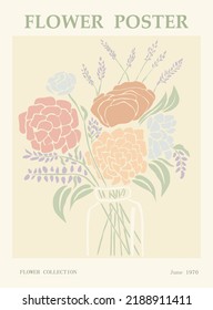 Abstract flower poster. Trendy botanical wall art with floral design in danish pastel colors. Modern naive groovy funky interior decorations, paintings. Vector art illustration.