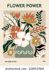 Abstract flower poster. Trendy botanical wall art with floral design in earth tone colors. Modern naive groovy funky interior decorations, paintings. Vector art illustration.