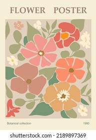 Abstract flower poster. Trendy botanical wall arts with floral design in danish pastel colors. Modern naive groovy funky interior decorations, paintings. Vector art illustration.