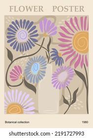 Abstract flower poster. Trendy botanical wall art with floral design in danish pastel colors. Modern naive groovy funky interior decorations, paintings. Vector art illustration.