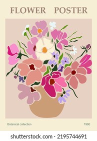 Abstract flower poster. Trendy botanical wall arts with floral design in modern colors. Modern naive groovy funky interior decorations, paintings. Vector contemporary art illustration.