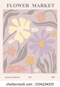 Abstract flower poster. Trendy botanical wall art with floral design in danish pastel colors. Modern naive groovy funky interior decoration, painting. Vector art illustration.