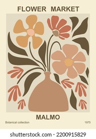 Abstract flower poster. Trendy botanical wall art with floral design in earth tone colors. Modern naive groovy funky hippie interior decoration, painting, flower market print. Vector illustration.