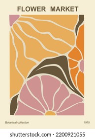 Abstract flower poster. Trendy botanical wall art with floral design in earth tone colors. Modern naive groovy funky hippie interior decoration, painting, flower market print. Vector illustration.