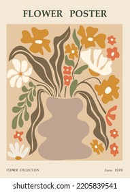 Abstract flower poster. Trendy botanical wall art with floral design in earth tone colors. Modern hippie naive groovy funky interior decoration, painting. Vector art illustration.