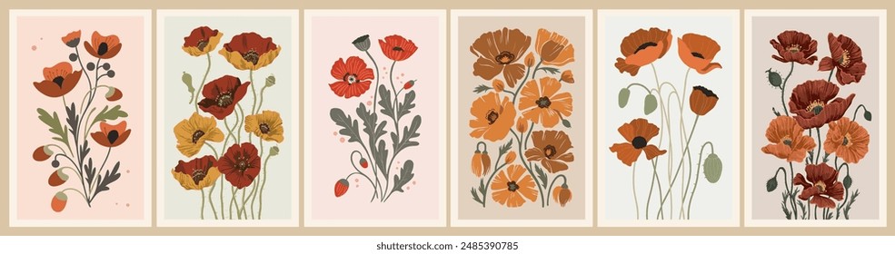 Abstract flower posters, cards set. Trendy botanical wall arts with Poppy, August birth month flower in hippie style. Modern naive groovy funky interior paintings. Colorful flat vector illustrations.