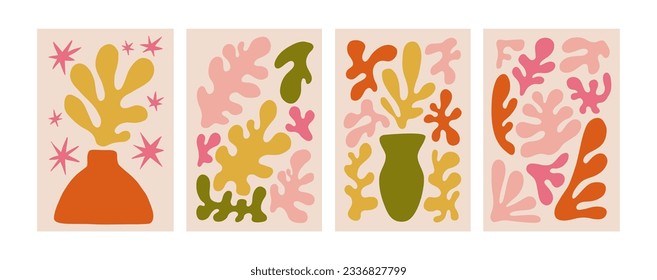 Abstract flower posters Matisse inspired. Trendy botanical wall art with floral cut out design. Modern groovy funky interior decorations. Vector art illustration. Danish pastel colors.