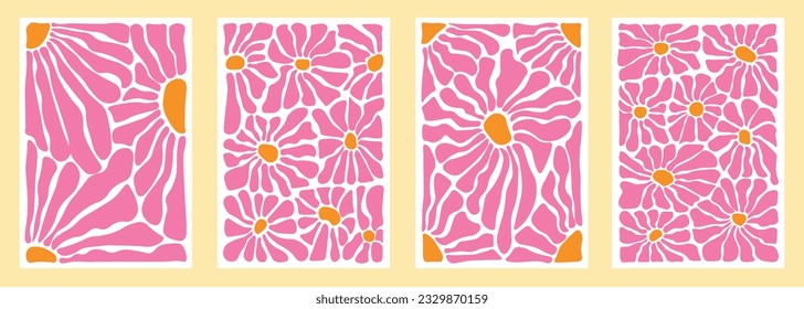 Abstract flower posters. Organic doodle shapes Matisse style, naive art, contemporary backgrounds. Botanic vector illustration. Trendy blossom print template, naive art. Hand drawn floral elements