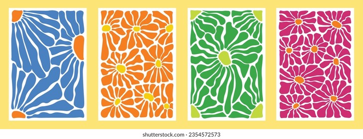 Abstract flower posters. Organic doodle shapes Matisse style, naive art, contemporary backgrounds. Botanic vector illustration. Trendy blossom print template, naive art. Hand drawn floral elements 