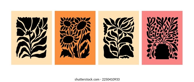 Abstract flower posters set. Modern wall art with black floral plants silhouettes. Trendy stylish botanical interior decorations in contemporary minimalist style. Flat vector illustrations for print