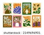 Abstract flower posters set. Trendy botanical wall arts with wild floral plants, leaf in hippie style. Modern naive groovy funky interior decorations, paintings. Colorful flat vector illustrations