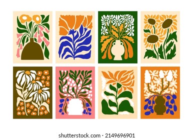 Abstract flower posters set  Trendy botanical wall arts and wild floral plants  leaf in hippie style  Modern naive groovy funky interior decorations  paintings  Colorful flat vector illustrations