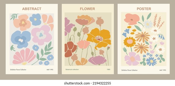 Abstract flower posters set. Trendy botanical wall arts with wild floral plants in danish pastel colors. Modern naive groovy funky interior decorations, paintings. Colorful flat vector illustrations.