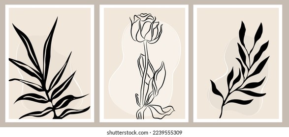 Abstract flower posters set. Trendy botanical wall art, rose, eucalyptus greenery line drawing. Modern minimalist design for interior decoration, tattoo, logo, cards. Vector ink sketch illustration