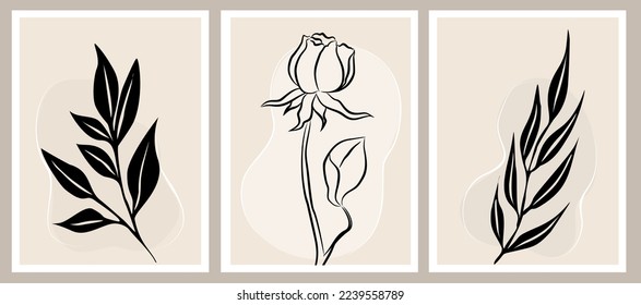 Abstract flower posters set. Trendy botanical wall art, rose, eucalyptus greenery line drawing. Modern minimalist design for interior decoration, tattoo, logo, cards. Vector ink sketch illustration