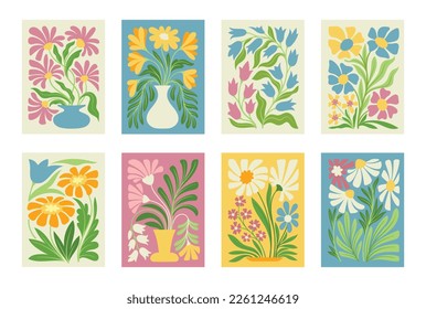 Abstract flower posters set. Trendy hippie style covers with blooming flowers, plants and green leaves. Groove style organic retro banners for wall decoration. Cartoon flat vector collection