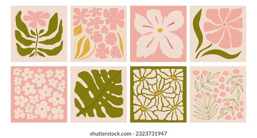 Abstract flower posters set. Trendy botanical arts