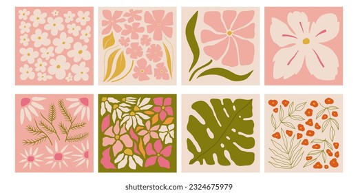 Abstract flower posters set. Trendy botanical arts