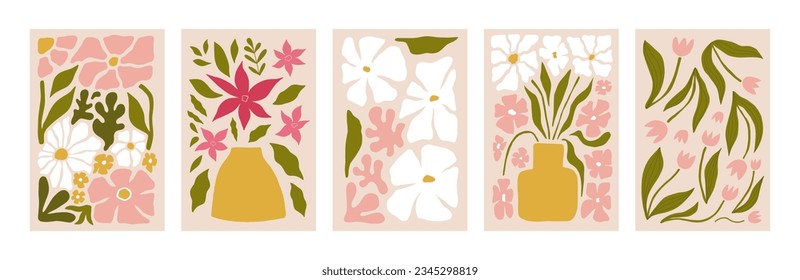 Abstract flower posters set. Trendy botanical wall arts with wild floral plants, leaves in hippie style. Modern naive groovy funky interior decorations, paintings. Colorful flat vector illustrations