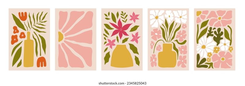 Abstract flower posters set. Trendy botanical wall arts with wild floral plants, leaves in hippie style. Modern naive groovy funky interior decorations, paintings. Colorful flat vector illustrations