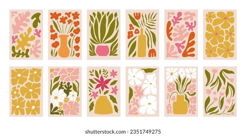 Afiches de flores abstractos. Muros botánicos de moda con plantas de flores silvestres, hojas al estilo hippie. Decoración moderna e ingenua y divertida, cuadros. Ilustraciones coloridas de vectores planos